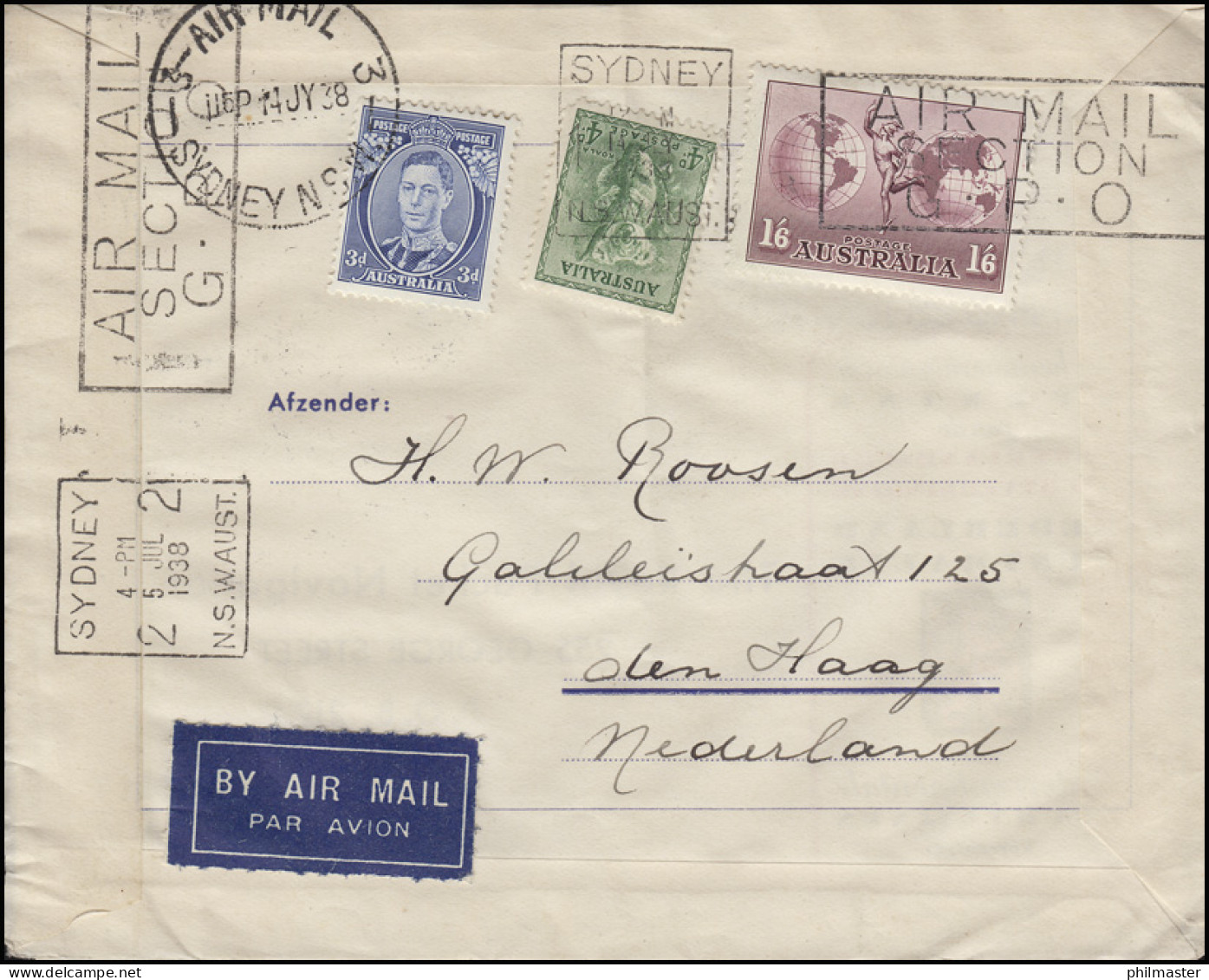 Erstflug Amsterdam - Batavia - Sydney 28.6.1938 Brief MiF S'GRAVENHAGE 23.6.38 - Airmail