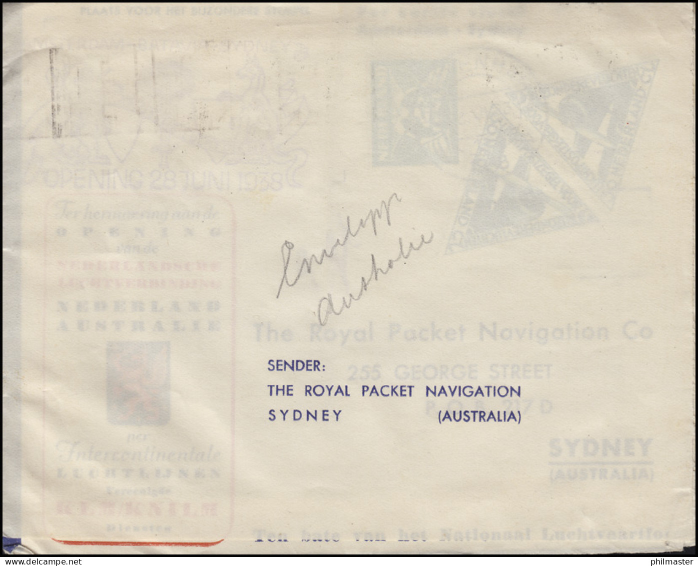 Erstflug Amsterdam - Batavia - Sydney 28.6.1938 Brief MiF S'GRAVENHAGE 23.6.38 - Luftpost