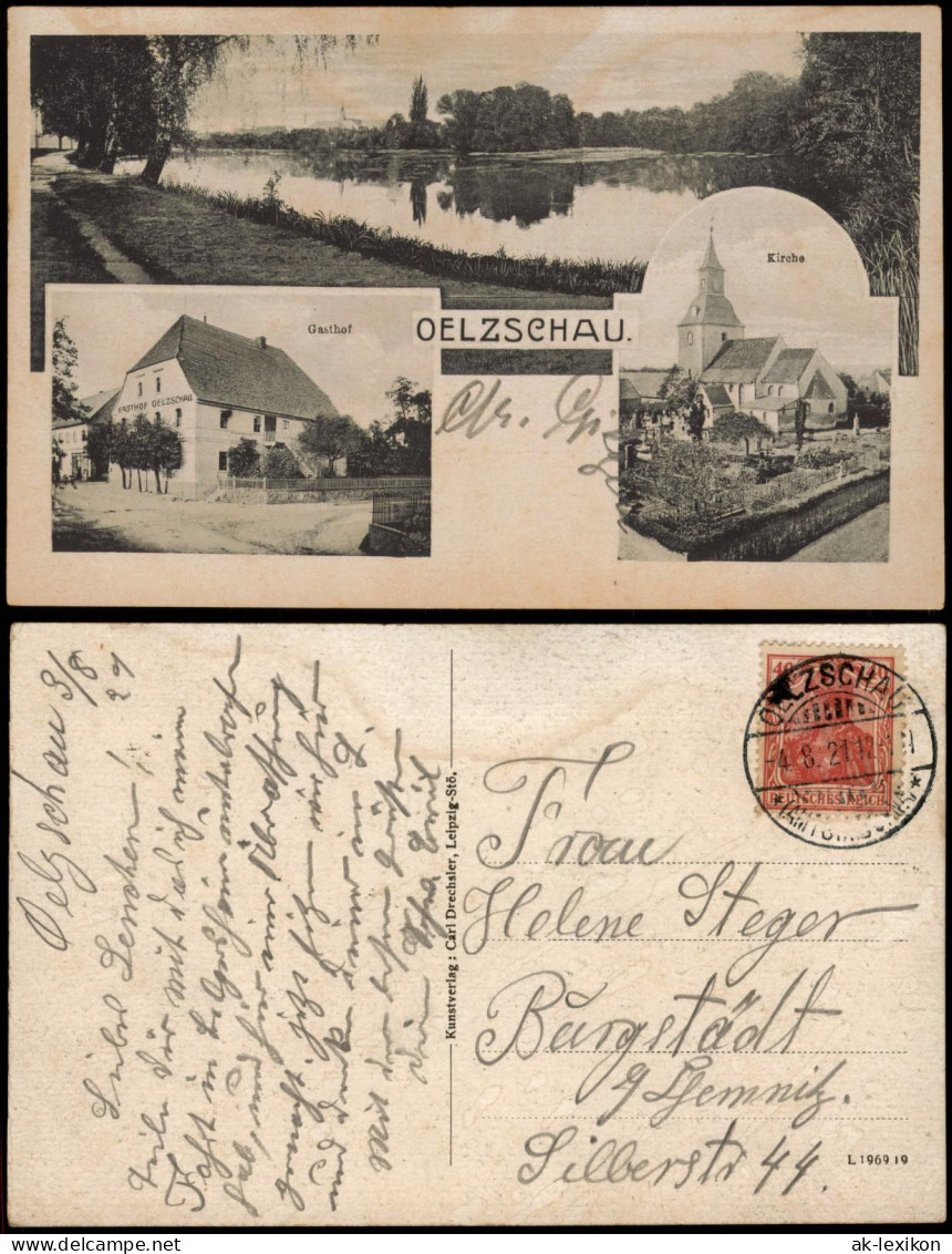 Ansichtskarte Oelzschau-Rötha Mehrbild-AK Gasthof OELZSCHAU U. Kirche 1921 - Rötha