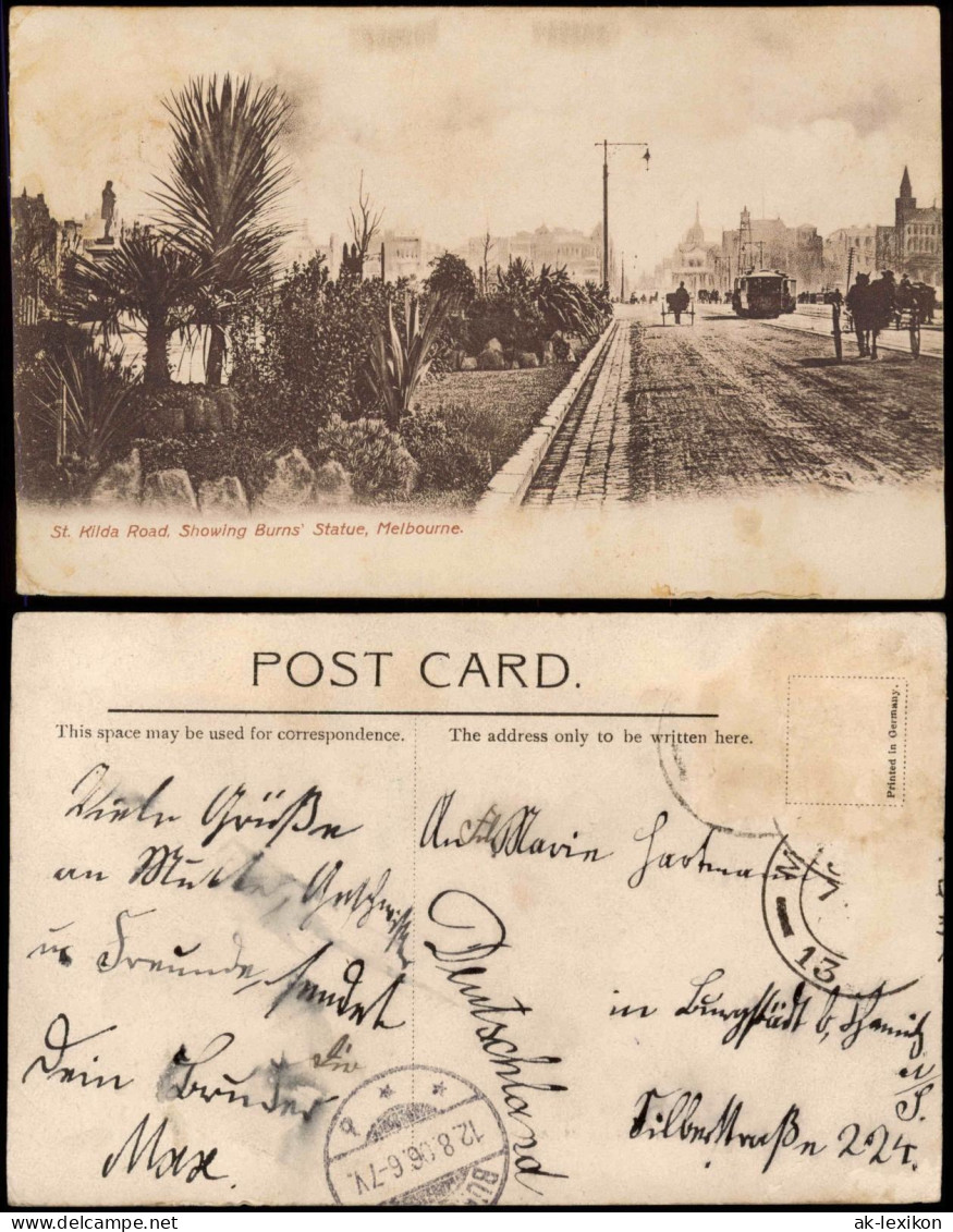 Postcard Melbourne St. Kilda Road, Showing Burns' Statue, Australia 1906 - Melbourne