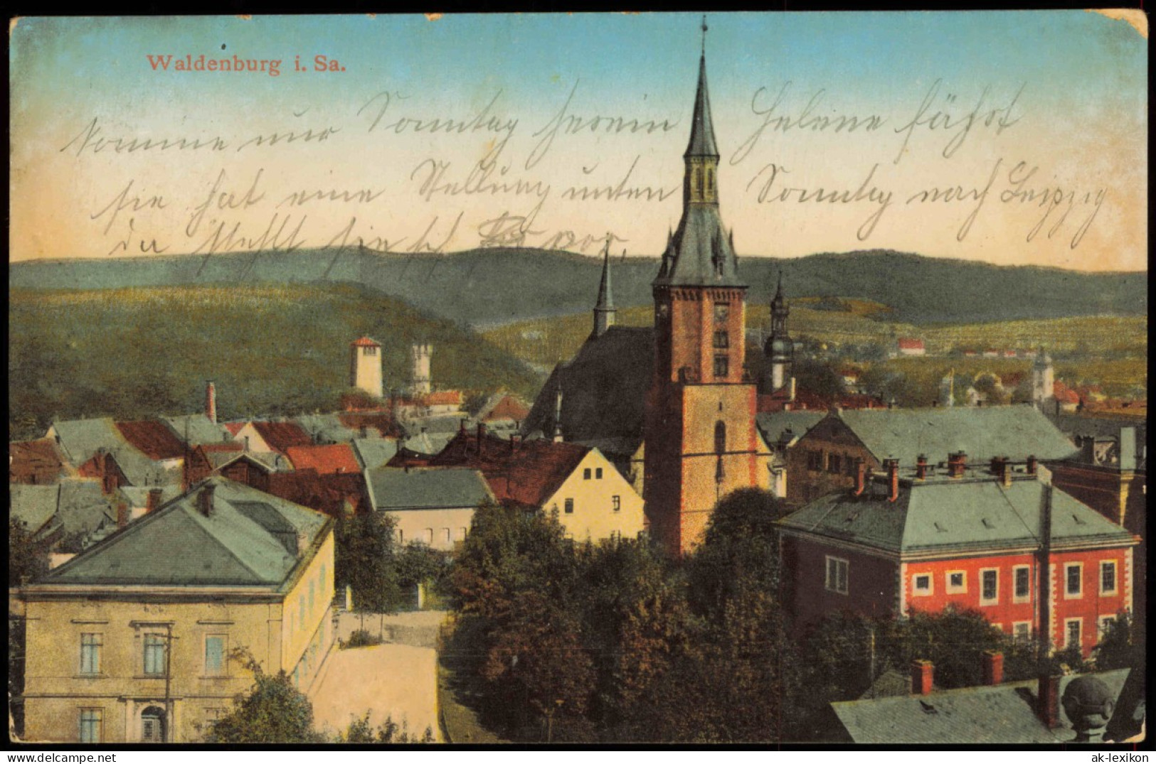 Ansichtskarte Waldenburg (Sachsen) Panorama-Ansicht, Kirche U. Ortsmitte 1910 - Waldenburg (Sachsen)