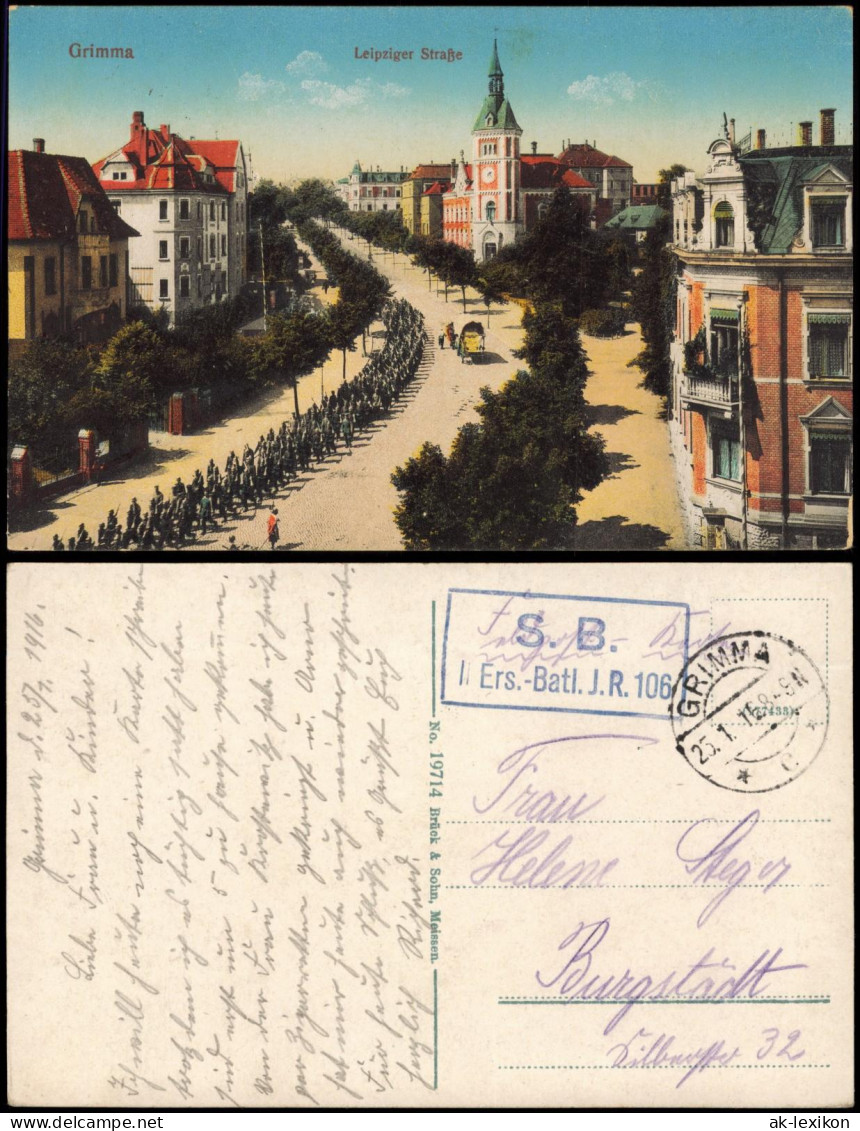 Ansichtskarte Grimma Leipziger Straße, Marschierende Soldaten 1916 - Grimma