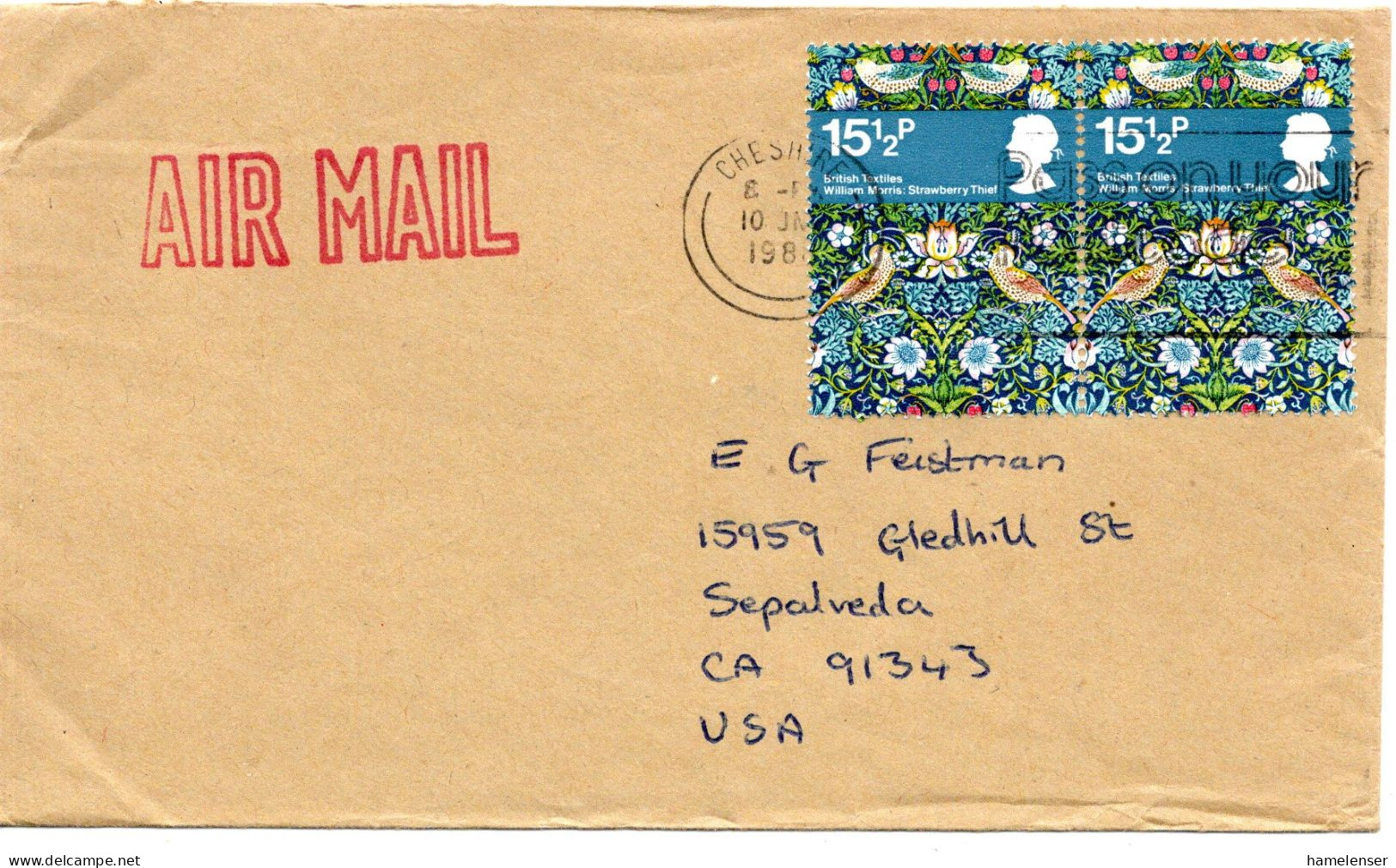 76282 - Grossbritannien - 1986 - 2@15,5p Textil A LpBf CHESHIRE - ... -> Sepulveda, CA (USA) - Lettres & Documents