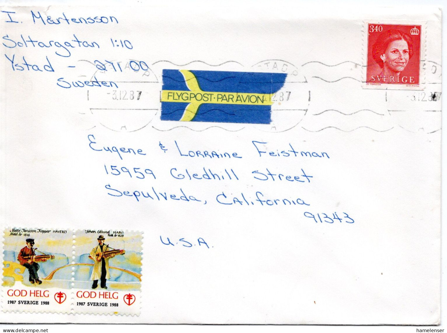 76283 - Schweden - 1987 - 3,40Kr Silvia EF A LpBf YSTAD -> Sepulveda, CA (USA) - Storia Postale