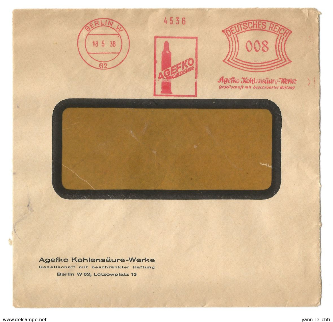 Brief 1938 Berlin Freistempel Agefko Air Liquide Kohlensaure Werke  Deutsches Reich  8 Pfg AFS  EMA - Macchine Per Obliterare (EMA)