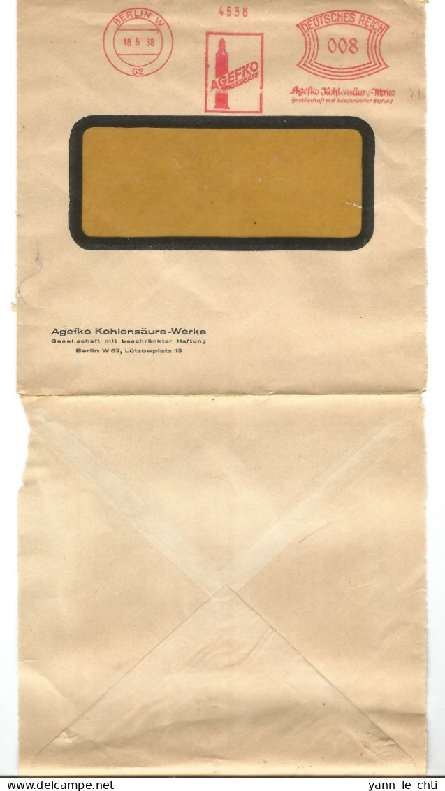 Brief 1938 Berlin Freistempel Agefko Air Liquide Kohlensaure Werke  Deutsches Reich  8 Pfg AFS  EMA - Macchine Per Obliterare (EMA)