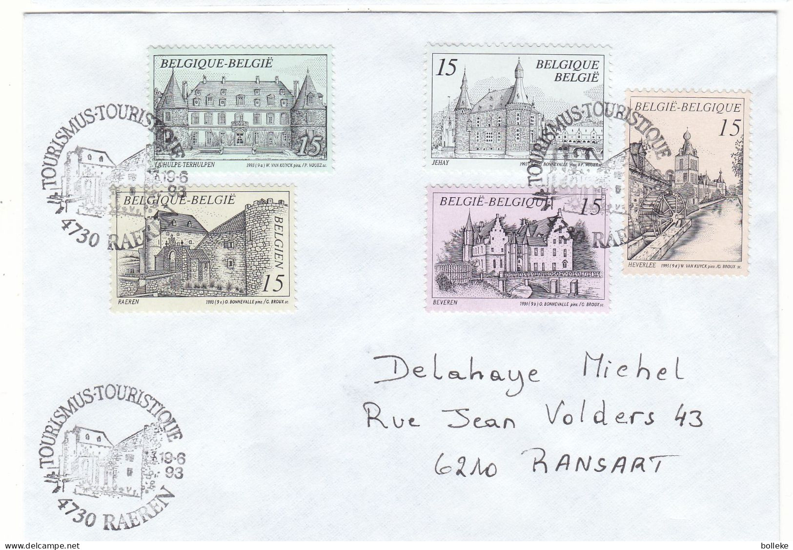 Belgique - Lettre De 1993 - Oblit Raeren - Châteaux - Ponts - Moulin à Eau - - Cartas & Documentos