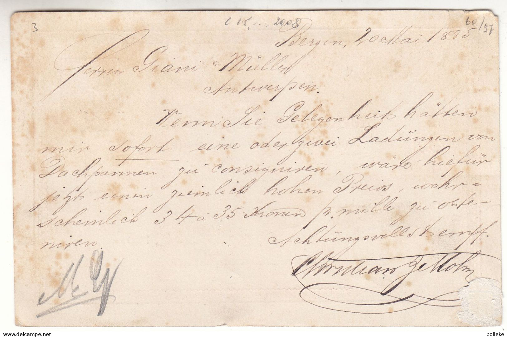 Norvège - Carte Postale De 1885 - Entier Postal - Oblit Bergen - Exp Vers Antwerpen - Valeur 15 € En......2008 - - Briefe U. Dokumente