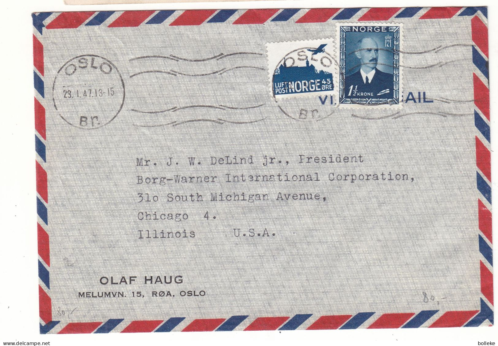 Norvège - Lettre De 1947 - Oblit Oslo - Exp Vers Chicago - Valeur 7,50 € En......2008 - - Covers & Documents