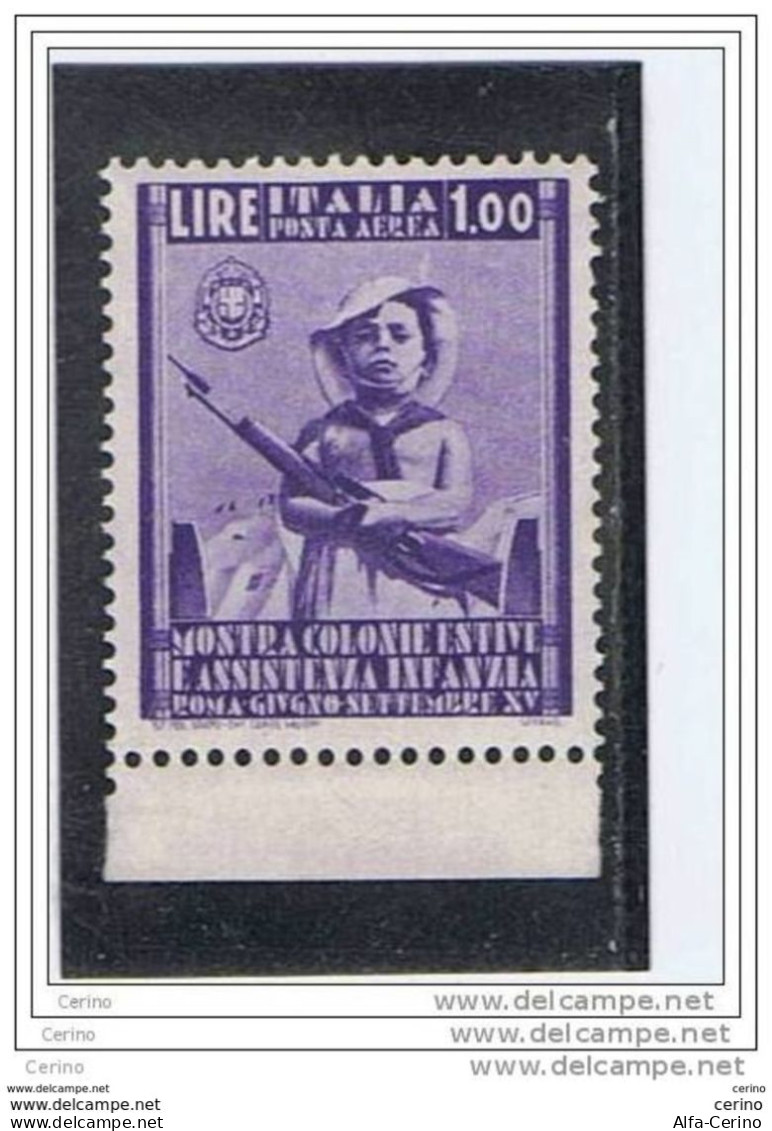 REGNO:  1937  P.A. COLONIE  ESTIVE  -  £. 1  VIOLETTO  N. -  SASS. A 102 - Poste Aérienne