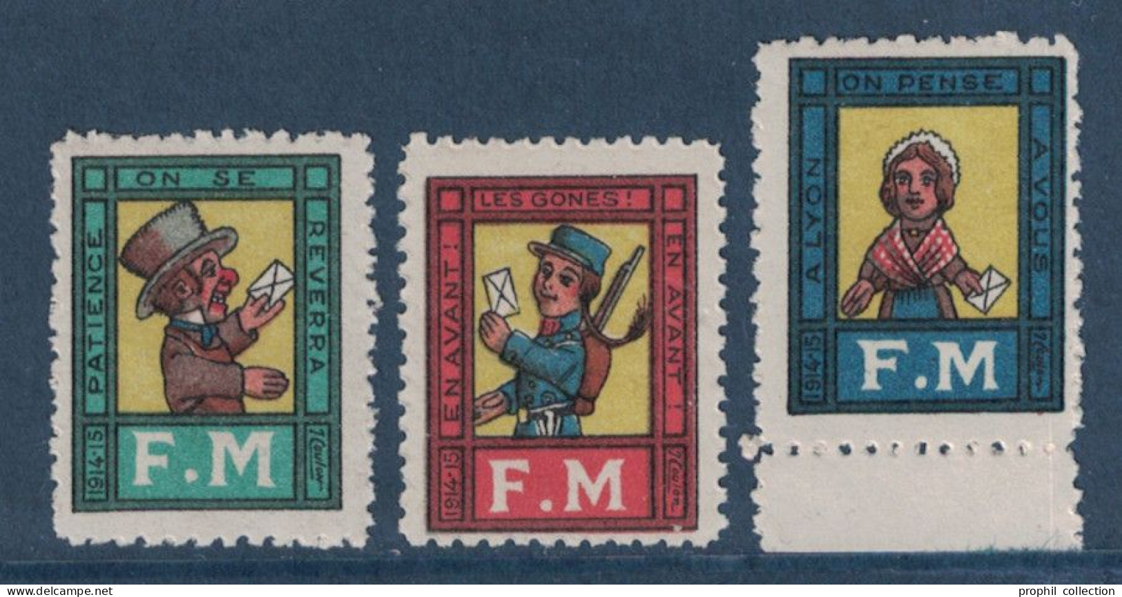 LOT SÉRIE De 3 VIGNETTES FM LYON 1914 FRANCE ÉPOQUE DELANDRE Avec GUIGNOL - Vignettes Militaires