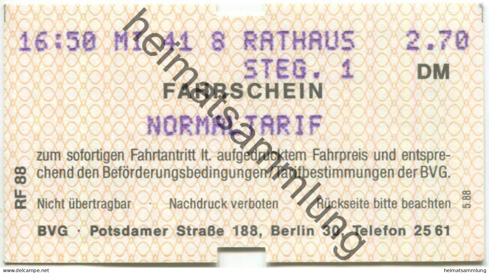 Deutschland - Berlin - BVG - Fahrschein Normaltarif 1988 - Europa