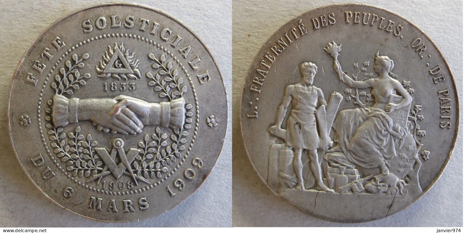 Franc Maçonnerie Médaille En Bronze Fraternité Des Peuples Orient De Paris, Fête Solsticiale 6 Mars 1909 - Professionnels / De Société