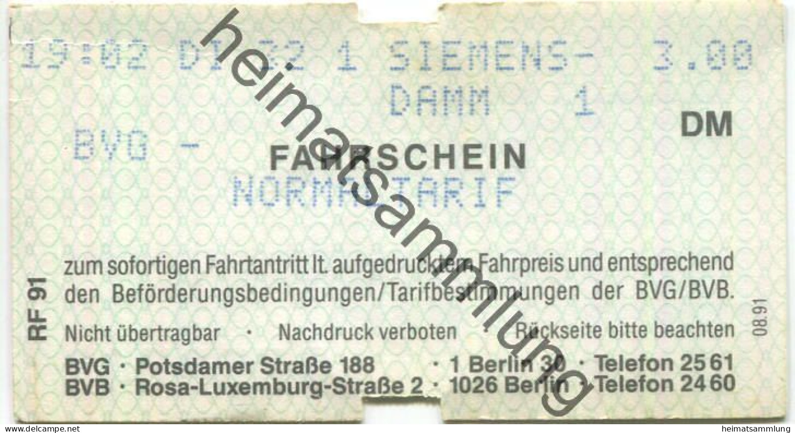 Deutschland - Berlin - BVG - BVB - Fahrschein Normaltarif 1991 - Europe