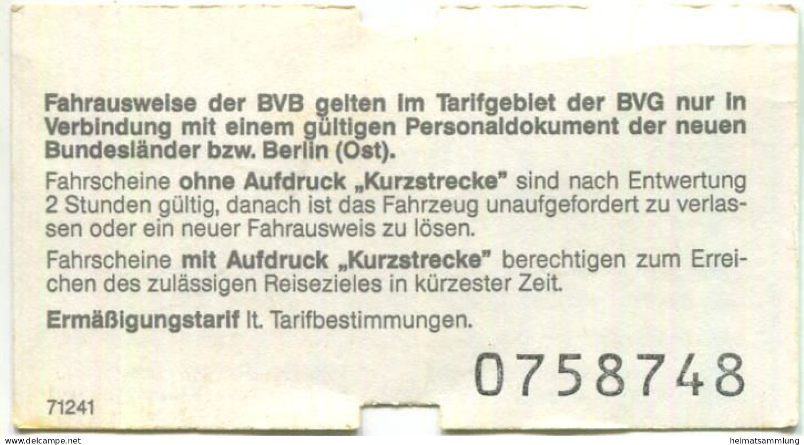 Deutschland - Berlin - BVG - BVB - Fahrschein Normaltarif 1991 - Europe