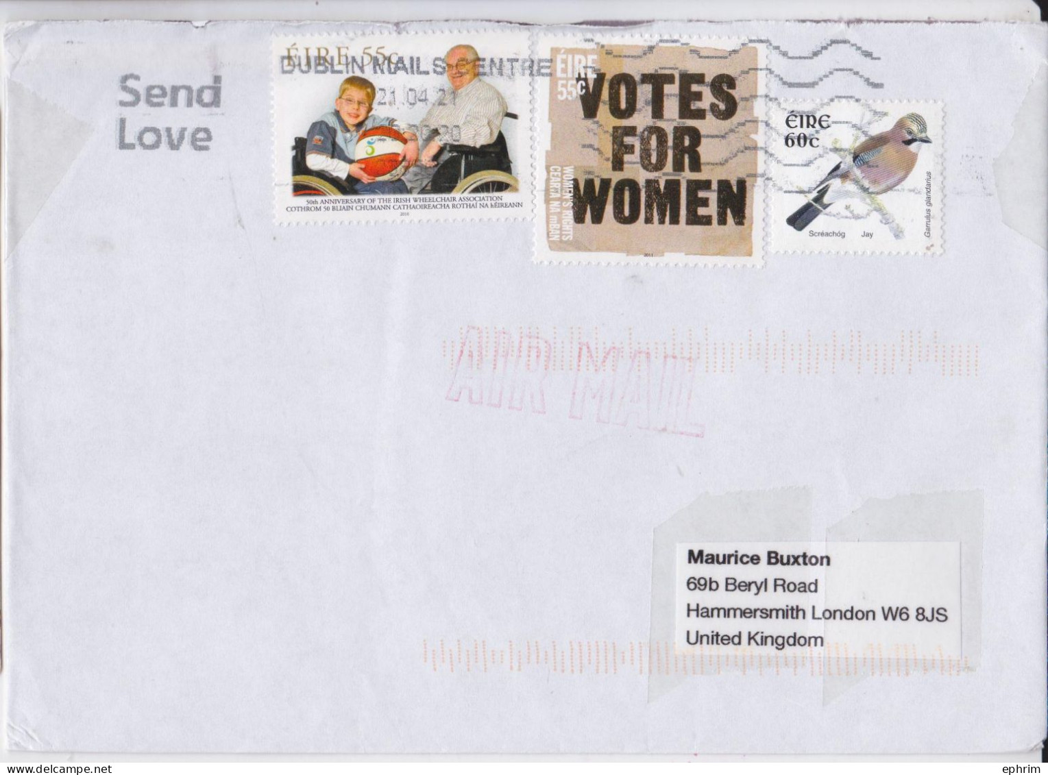 Irlande Eire Lettre Timbre Basket-Ball Handicap Votes For Women Stamp Air Mail Cover - Lettres & Documents