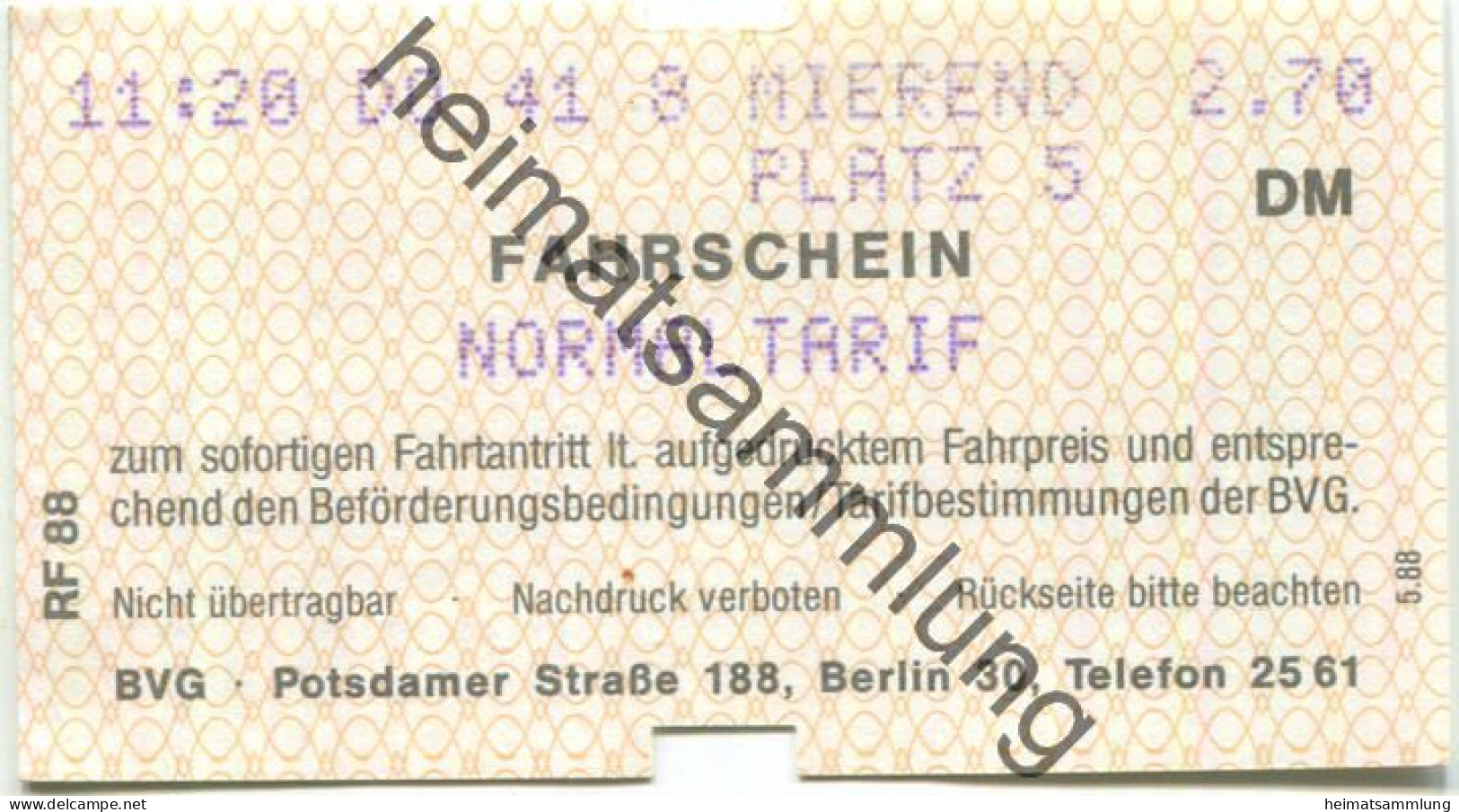 Deutschland - Berlin - BVG - Fahrschein Normaltarif 1988 - Europa