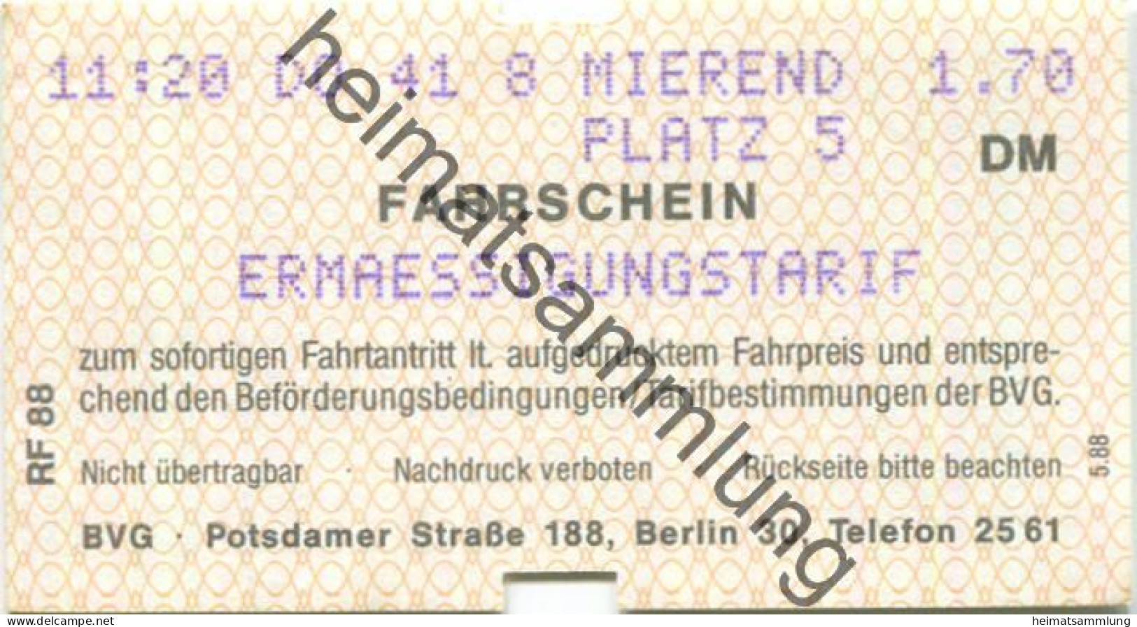 Deutschland - Berlin - BVG - Fahrschein Ermäßigung 1988 - Europe