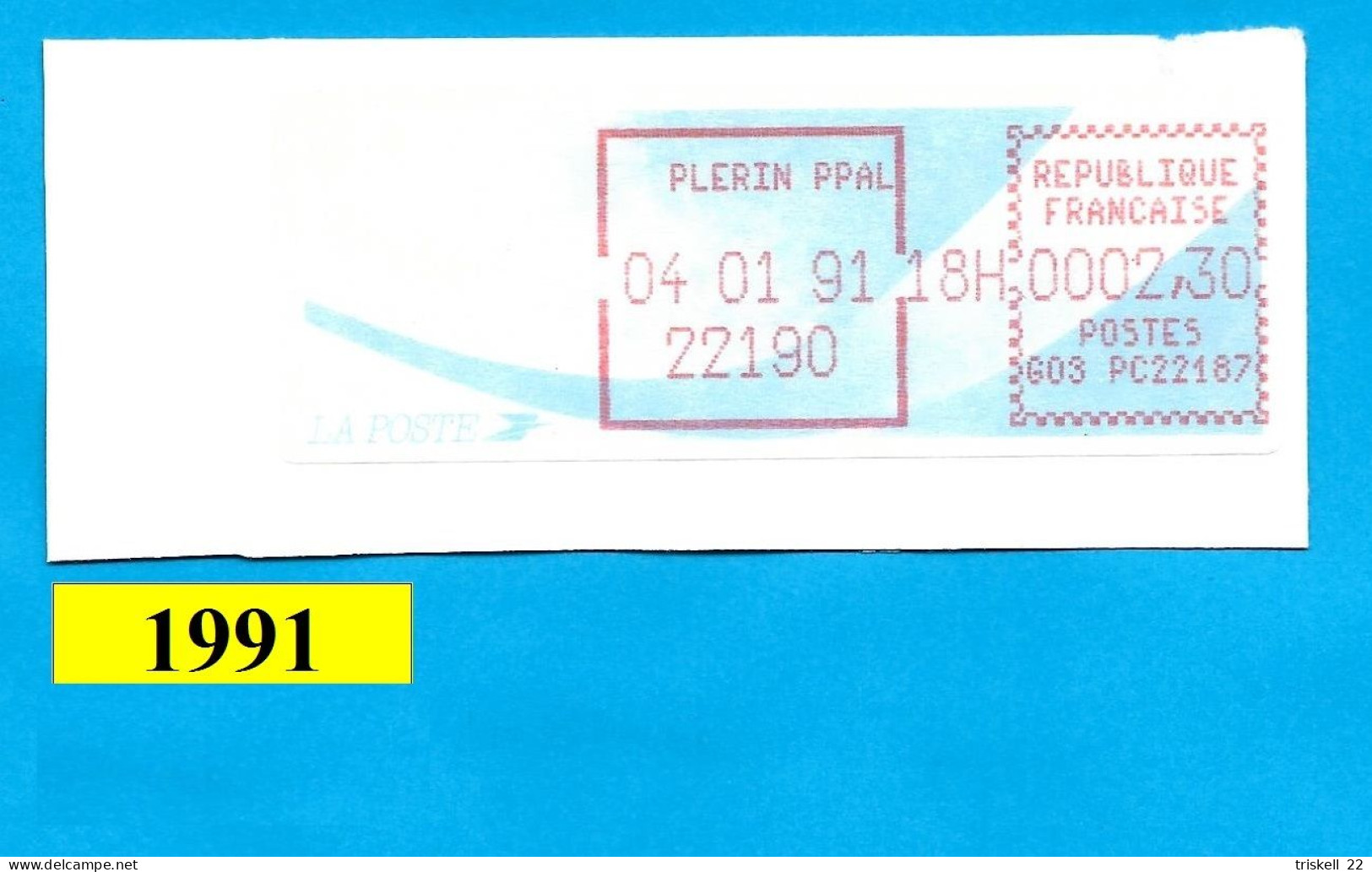 Vignette D'affranchissement De Guichet - Type Comète à 2f30 / Plérin PPAL 22190 Du 04 01 91 - 1988 « Comète »