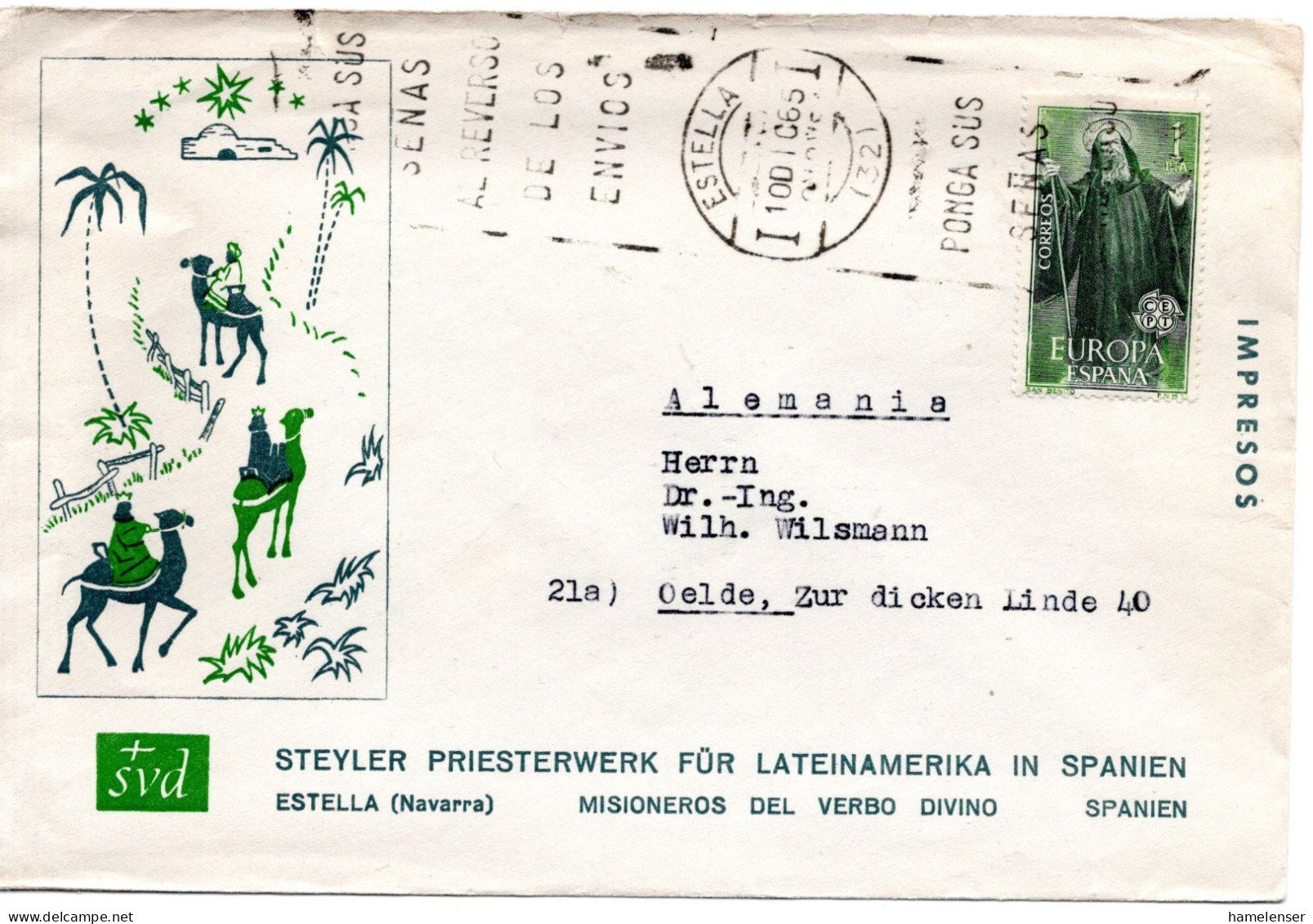 76291 - Spanien - 1965 - 1Pta CEPT '65 EF A DrucksBf ESTELLA -> Westdeutschland - 1965