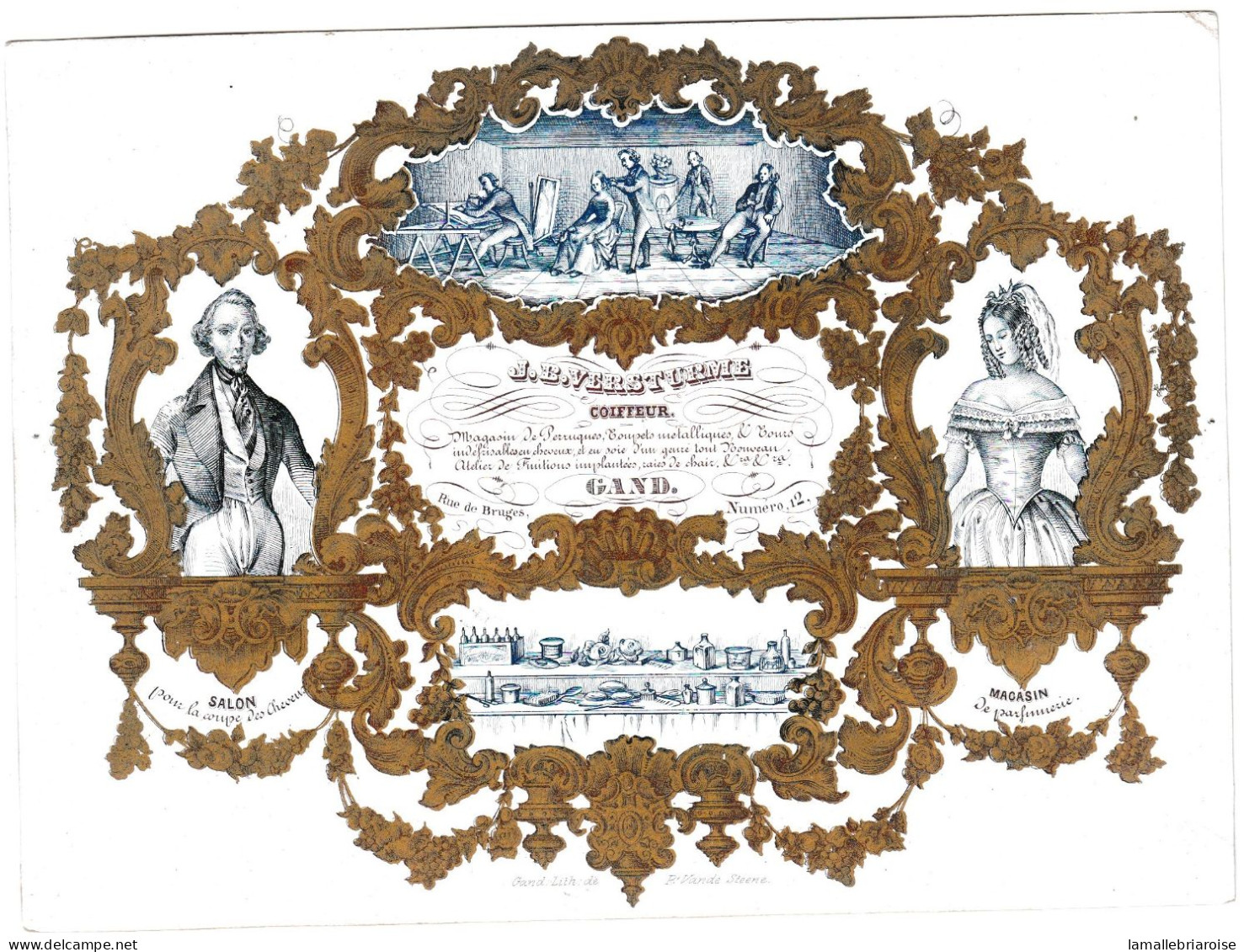 Belgique, "Carte Porcelaine" , J. B. Versturme, Coiffeur à Gand, Dim 175x128mm - Porzellan