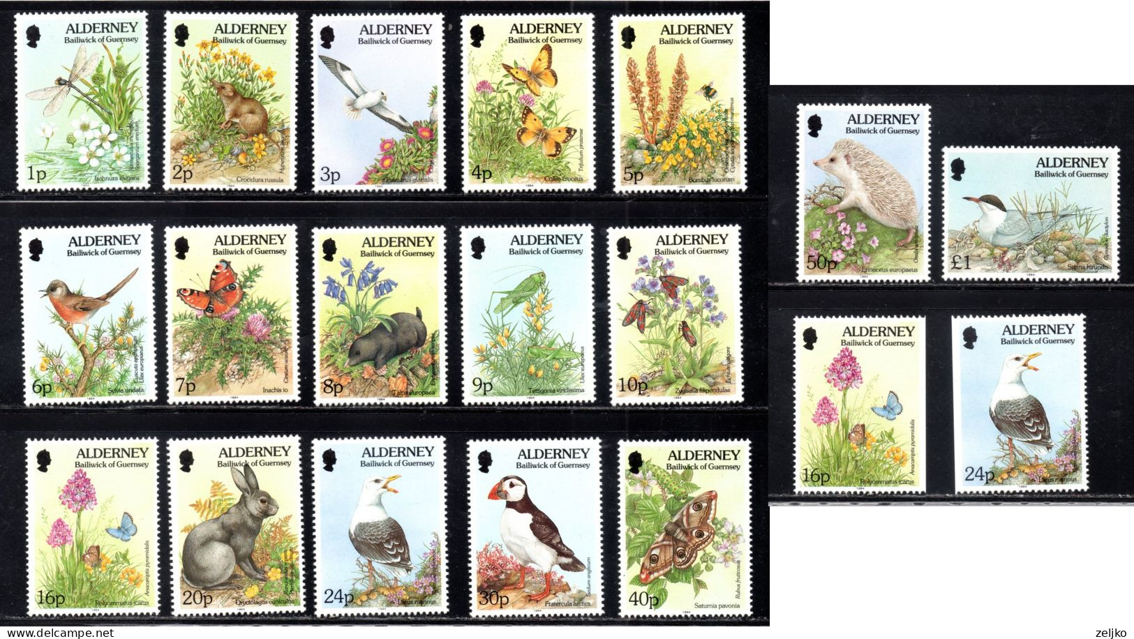 UK, GB, Great Britain, Alderney, MNH, 1994, Michel 65 - 81 , 75Dr, 77Dl, Flora And Fauna - Alderney