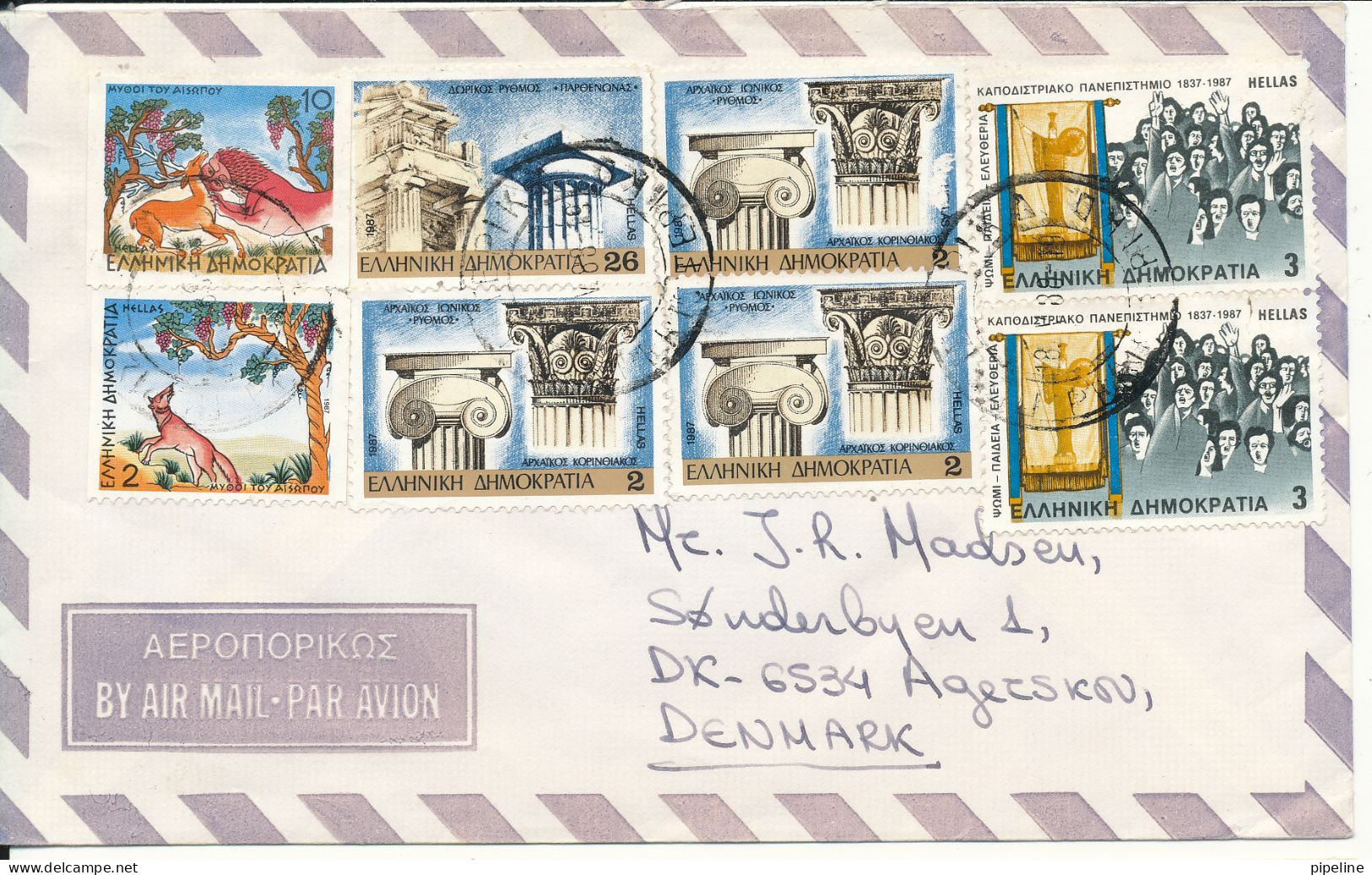 Greece Air Mail Cover Sent To Denmark 18-5-1988 With A Lot Of Stamps - Cartas & Documentos