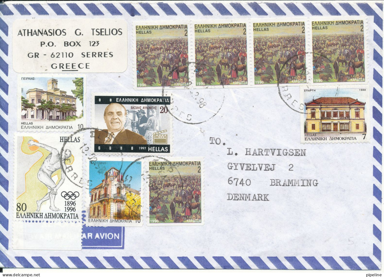 Greece Cover Sent To Denmark 12-2-1998 With A Lot Of Stamps - Brieven En Documenten