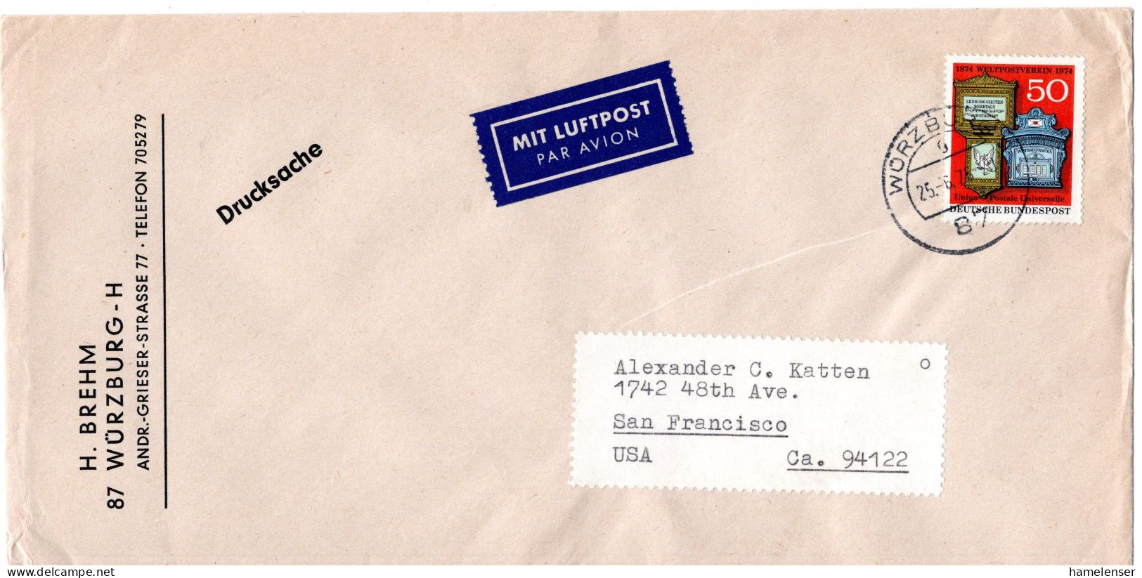 L76293 - Bund - 1975 - 50Pfg UPU EF A LpDrucksBf WUERZBURG -> San Francisco, CA (USA) - Lettres & Documents