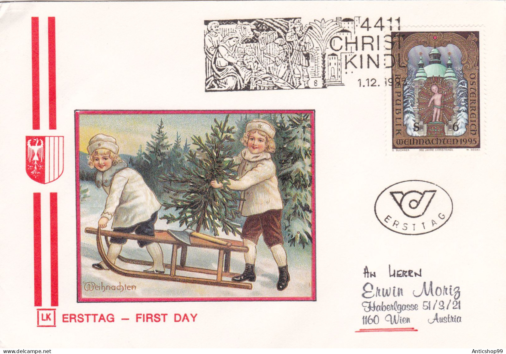 AUSTRIA , CHRISTMAS, CHILDREN WITH SLEDS,  SPECIAL COVERS 1995 - Noël