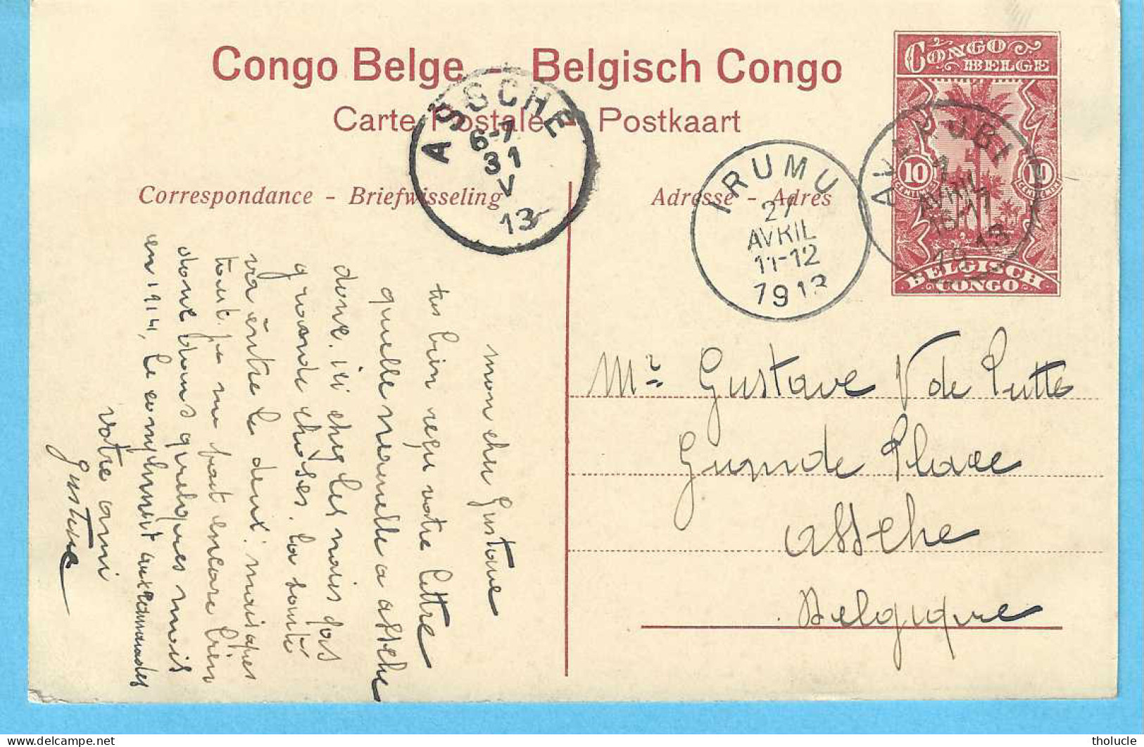 Belgisch Congo Belge-Entier Postal Illustré 10c-1913-Léopoldville-Les Bassins-De Dokken-Cachet-IRUMU-AVAKUBI-1913" - Stamped Stationery