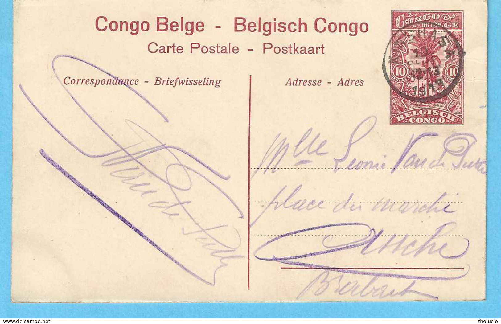 Belgisch Congo Belge-Entier Postal Illustré 10c-1913-Api-éléphants-Olifanten-trainant Un Chariot-Cachet-Kinshasa-1913" - Stamped Stationery