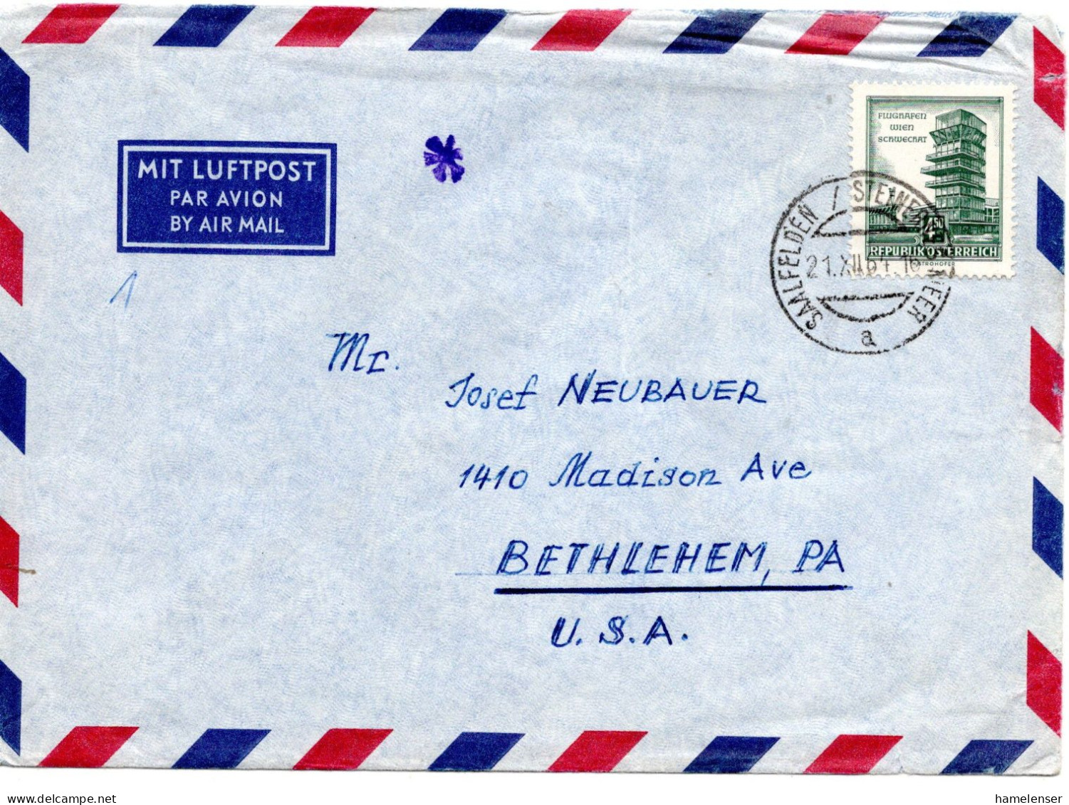76295 - Österreich - 1964 - S4,50 Schwechat EF A LpBf SAALFELDEN -> Bethlehem, PA (USA) - Storia Postale