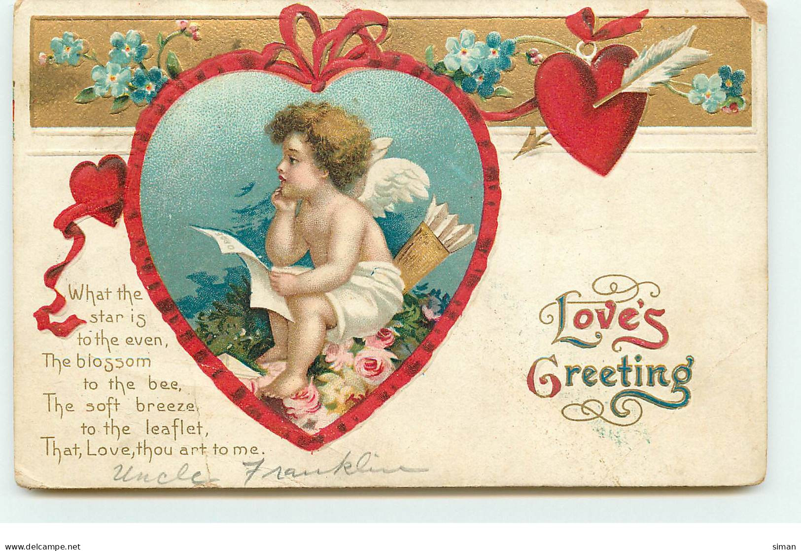 N°17015 - Carte Gaufrée - Clapsaddle - Love's Greeting - What The Star Is To The Even .... - Cupidon Lisant Une Lettre - San Valentino