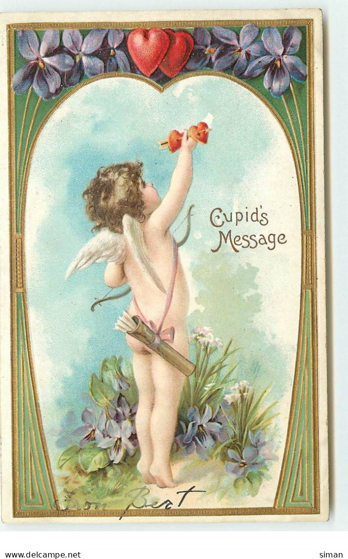 N°17017 - Carte Gaufrée - Cupid's Message - Cupidon Avec Des Coeurs Sur Une Flèche - Saint-Valentin