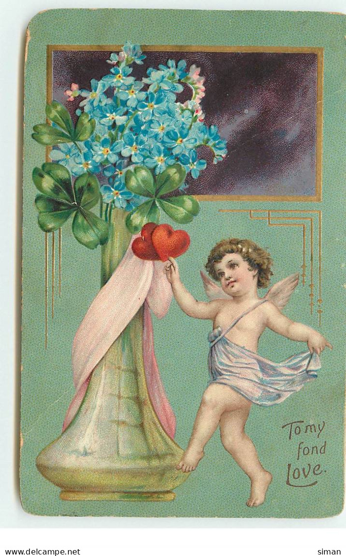 N°17019 - Carte Gaufrée - To My Fond Love - Ange Près D'un Vase Rempli De Myosotis - Saint-Valentin