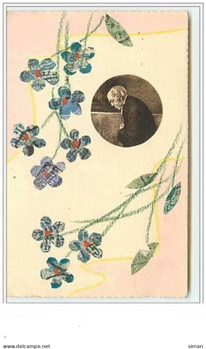 N°5811 - Collage De Timbres - Cut Stamps - Fleurs Bleues + Homme Dans Un Médaillon - Stamps (pictures)
