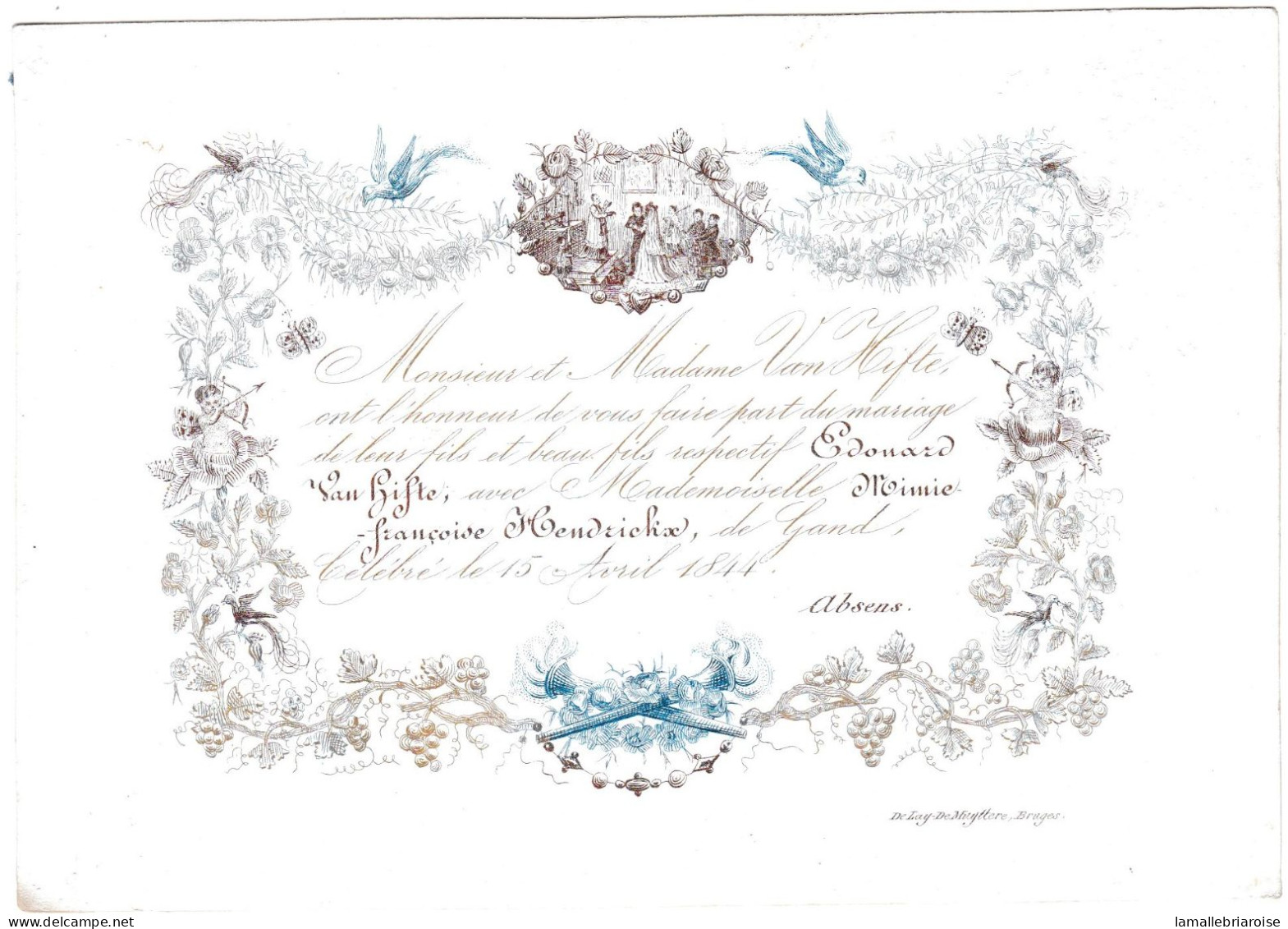 Belgique "Carte Porcelaine" Porseleinkaart , Faire-part De Mariage, Gand Le 15 Avril 1844, Dim 162x114mm - Porcelana