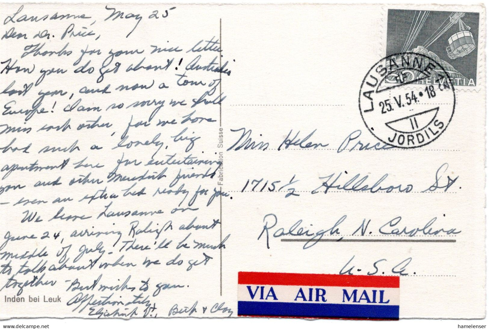 76298 - Schweiz - 1954 - 50Rp Seilbahn EF A LpAnsKte LAUSANNE -> Raleigh, NC (USA) - Storia Postale