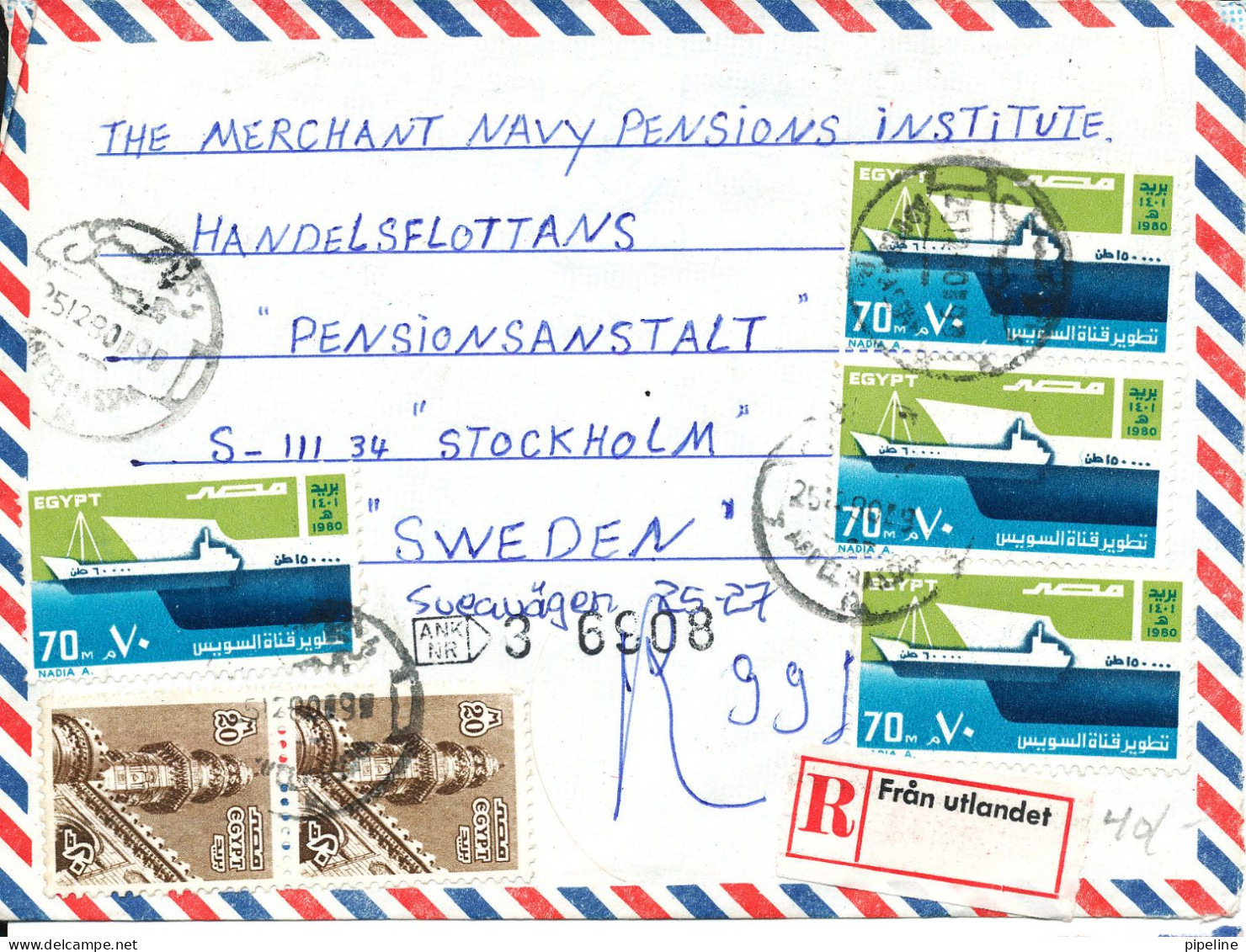 Egypt Registered Air Mail Cover Sent To Sweden 25-12-1980 With Topic Stamps - Posta Aerea