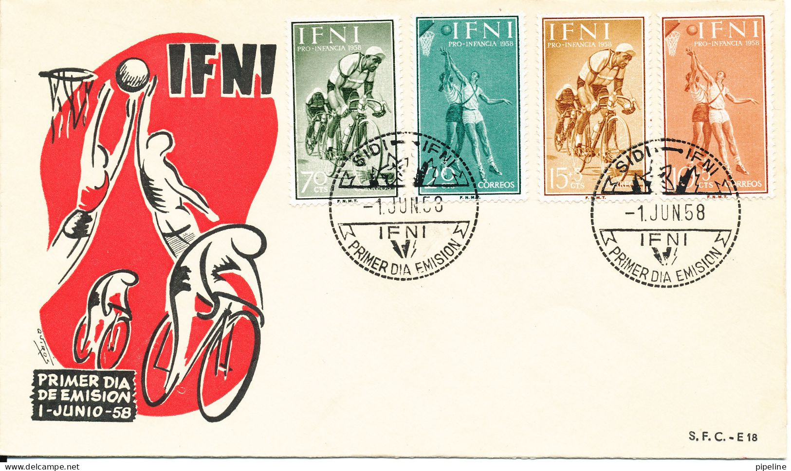 Ifni FDC 1-6-1958 Complete Set Of 4 CYCLING & BASKETBALL With Cachet - Ifni