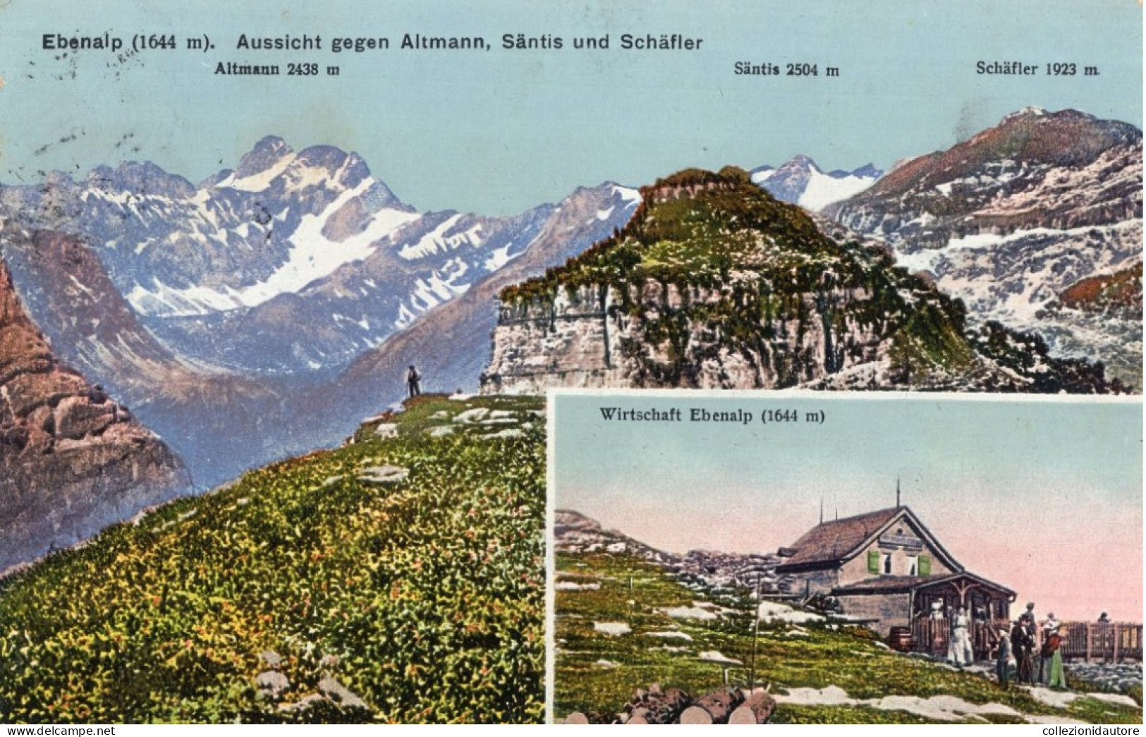 EBENALP (1644 M). - AUSSICHT GEGEN ALTMANN - SÄNTIS UND SCHÄFLER ALTMANN 2438 M. - CARTOLINA FP SPEDITA NEL 1914 - Appenzell