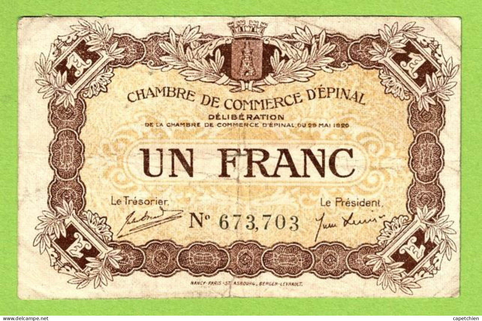 FRANCE / EPINAL / 1 FRANC/ 20 MAI 1920 / N° 673703 - Chambre De Commerce