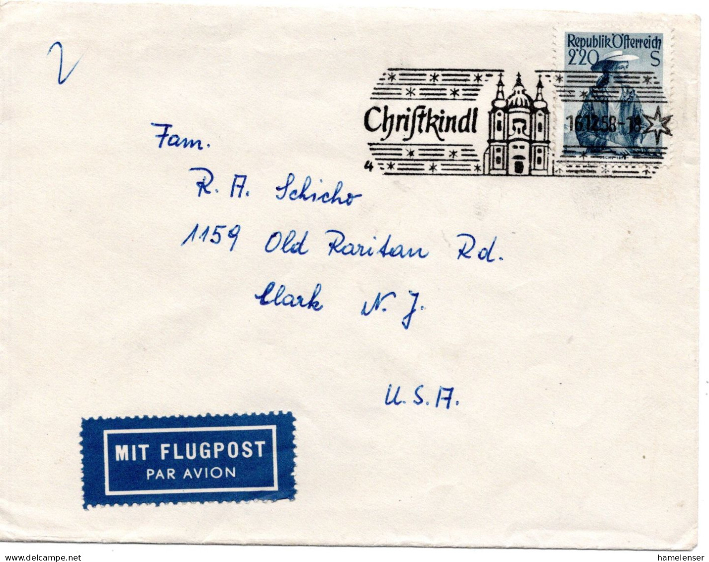 76301 - Österreich - 1958 - S2,20 Trachten EF A LpDrucksBf SoStpl CHRISTKINDL -> Clark, NJ (USA) - Storia Postale