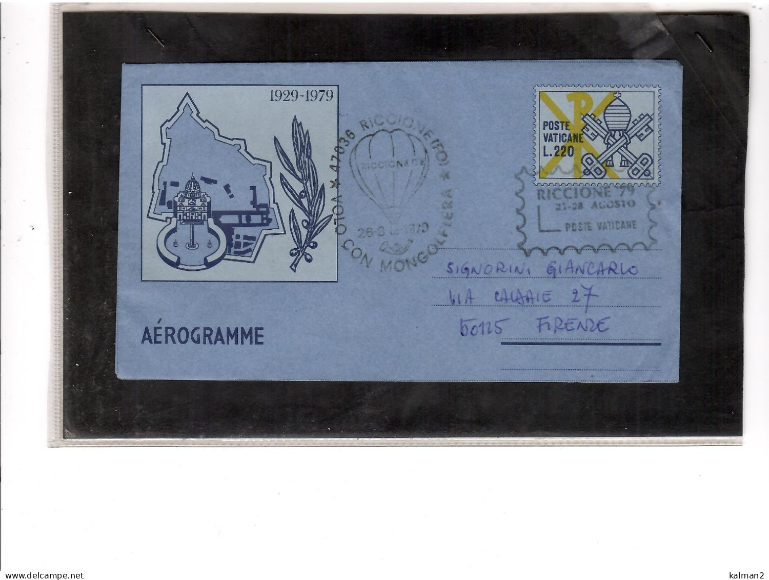 TEM19889  -  AEROGRAMMA VATICANO  CAT. FILAGRANO NR. A.17  ( VOLO CON MONGOLFIERA  RICCIONE 26.8.1979  VIAGGIATO ) - Postal Stationeries