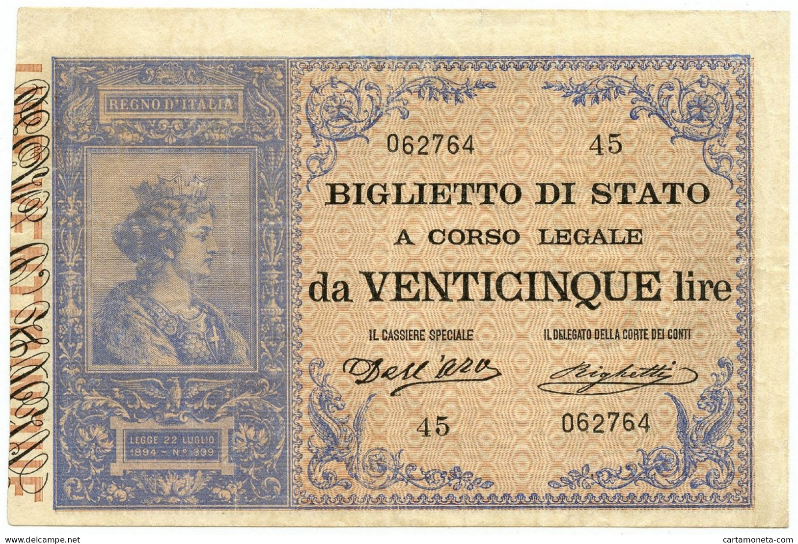 25 LIRE BIGLIETTO DI STATO REGNO UMBERTO I ITALIA TURRITA 21/07/1895 BB/SPL - Otros