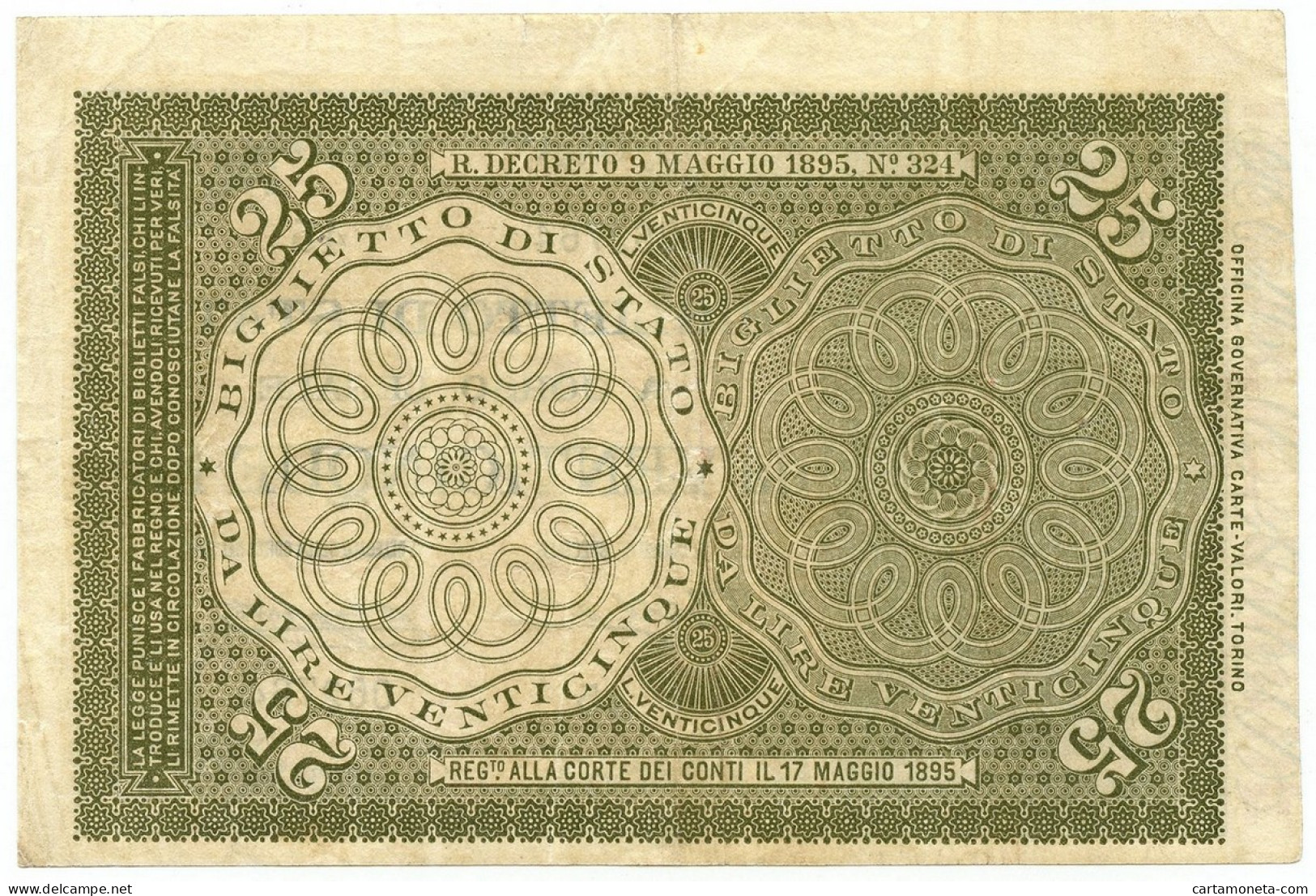 25 LIRE BIGLIETTO DI STATO REGNO UMBERTO I ITALIA TURRITA 21/07/1895 BB/SPL - Regno D'Italia - Altri