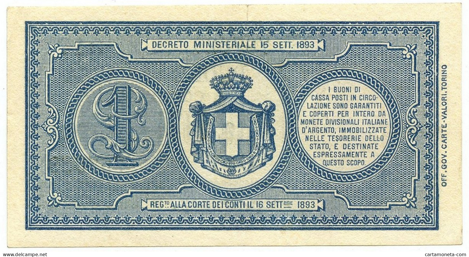 1 LIRA BUONO DI CASSA EFFIGE UMBERTO I 15/09/1893 SPL/SPL+ - Regno D'Italia – Autres