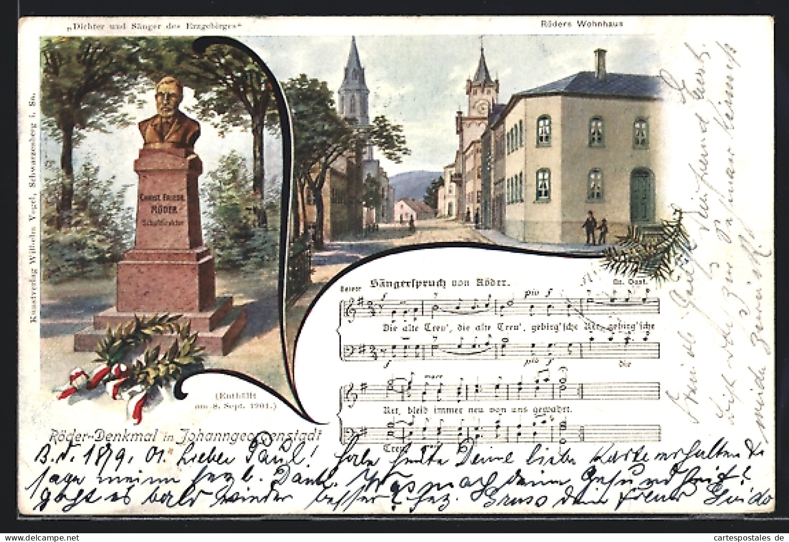 Lithographie Johanngeorgenstadt, Röder-Denkmal, Sängerspruch Und Wohnhaus  - Johanngeorgenstadt
