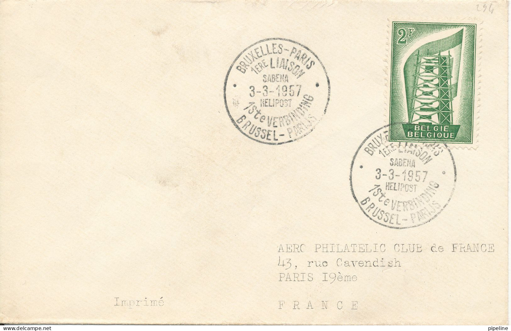 Belgium Cover First Helicopter Flight Sabena Bruxelles - Paris 3-3-1957 - Covers & Documents